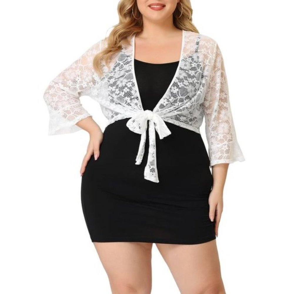 Plus Size Cardigans Women Tie Front Shrug Lace Crop Bolero Jacket White